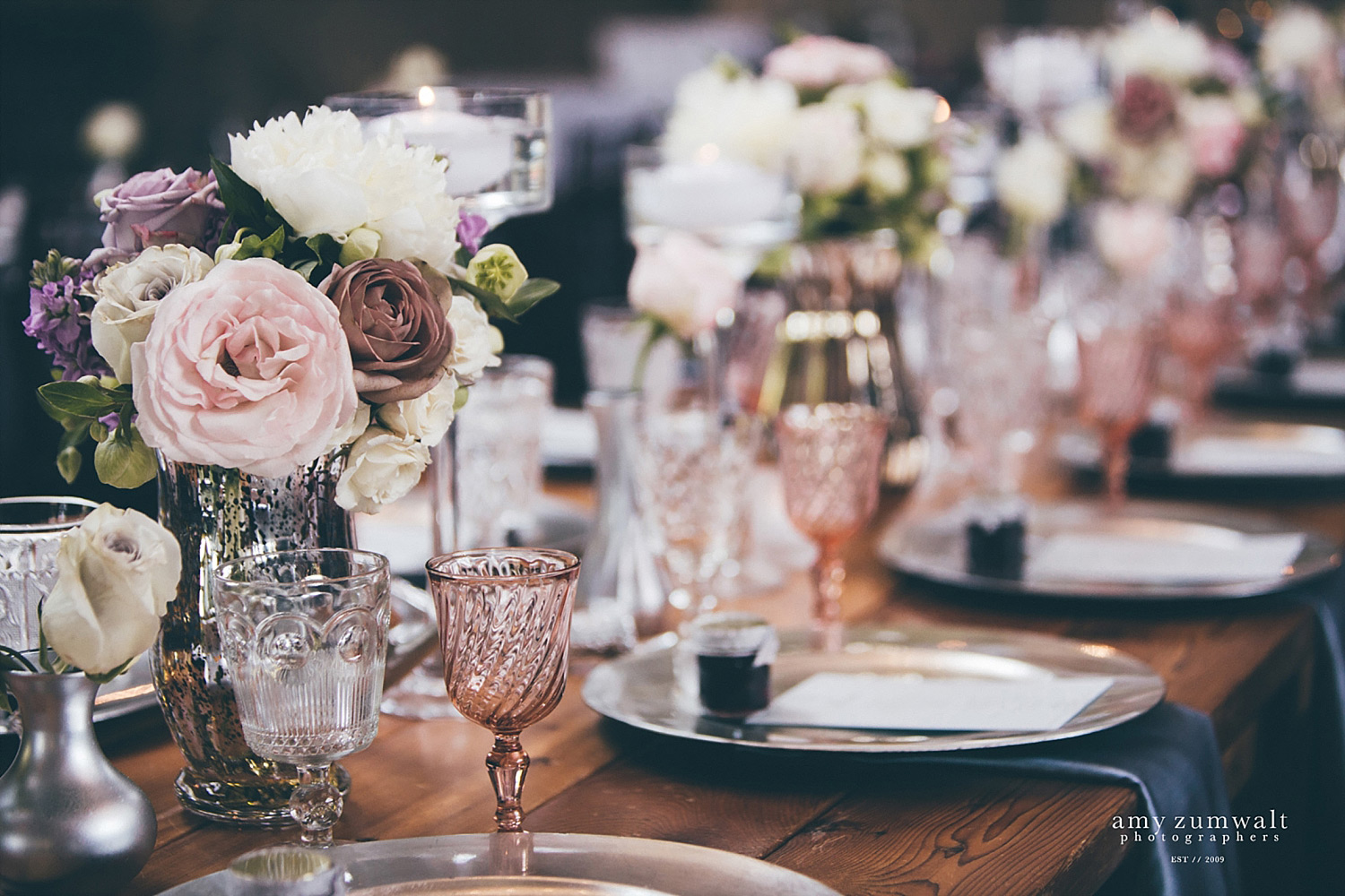 The Brooks at Weatherford wedding head table with blush vintage glassware