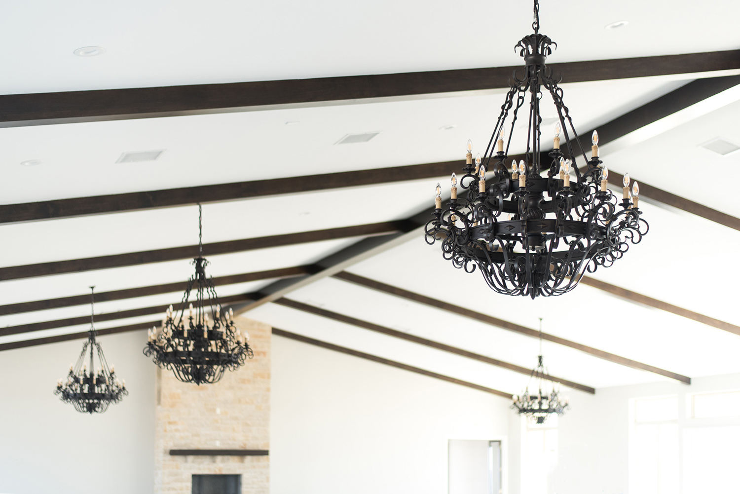 Dove Ridge Vineyard reception space iron chandeliers and grey walls