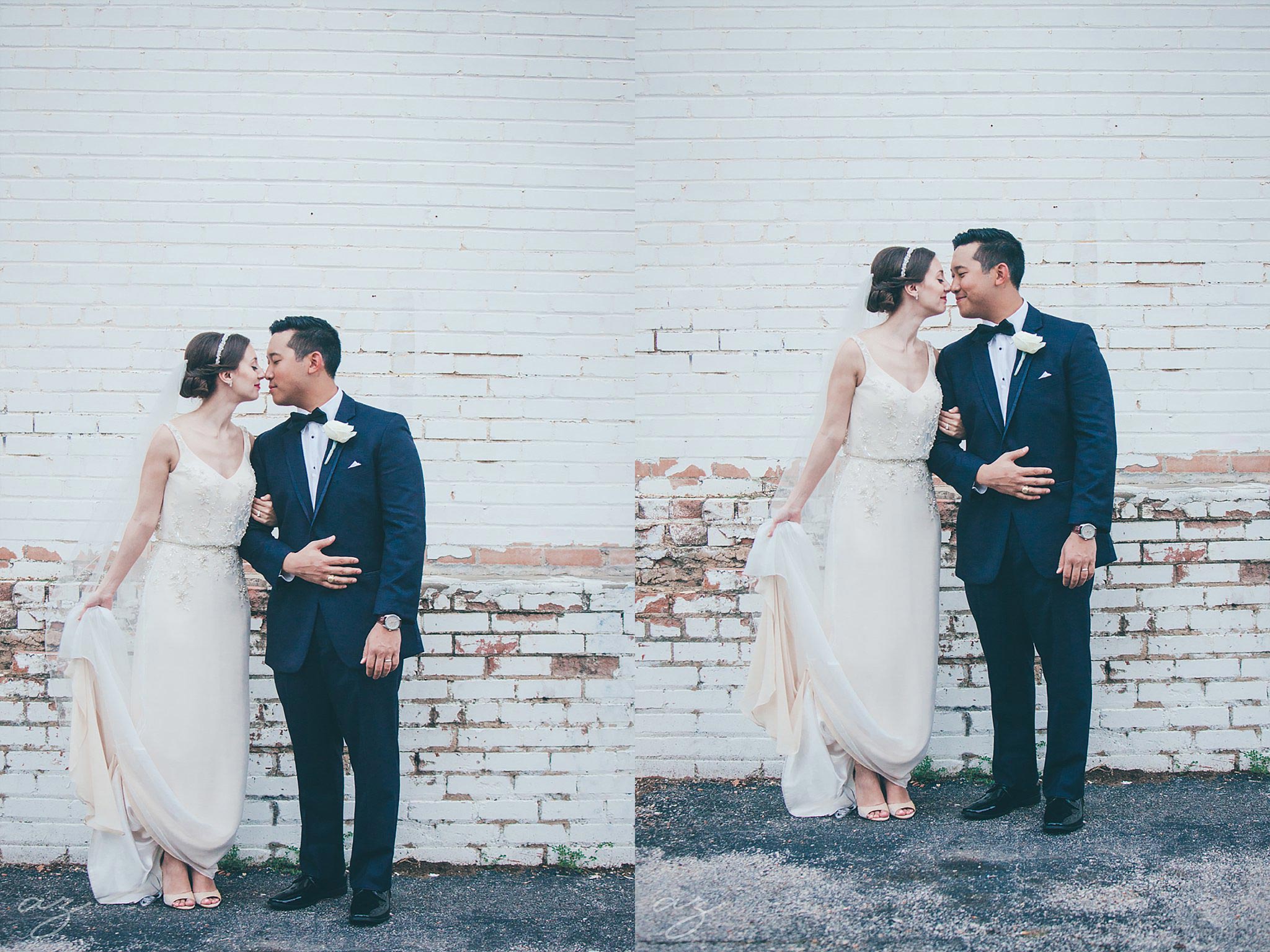 Bride and groom at industrial white brick wall