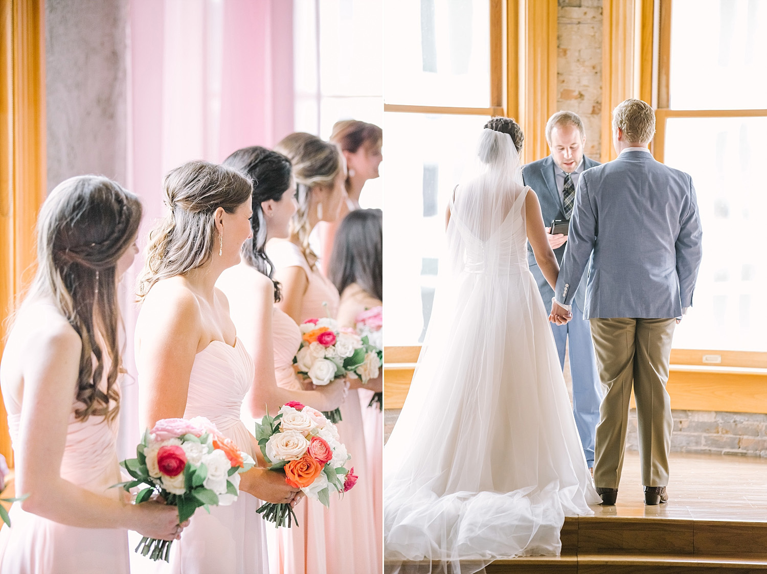 Old Red Museum ceremony bridal party in blush bridesmaid dresses