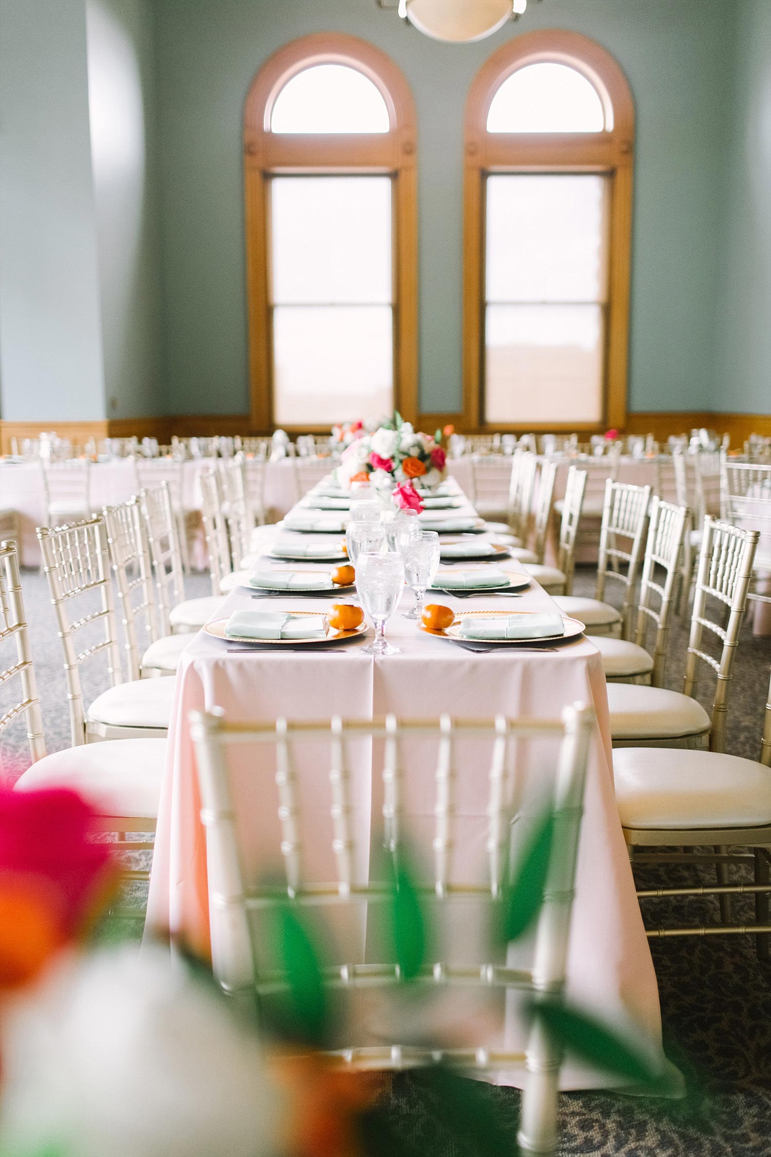 Old Red Museum wedding reception with blush tablecloths
