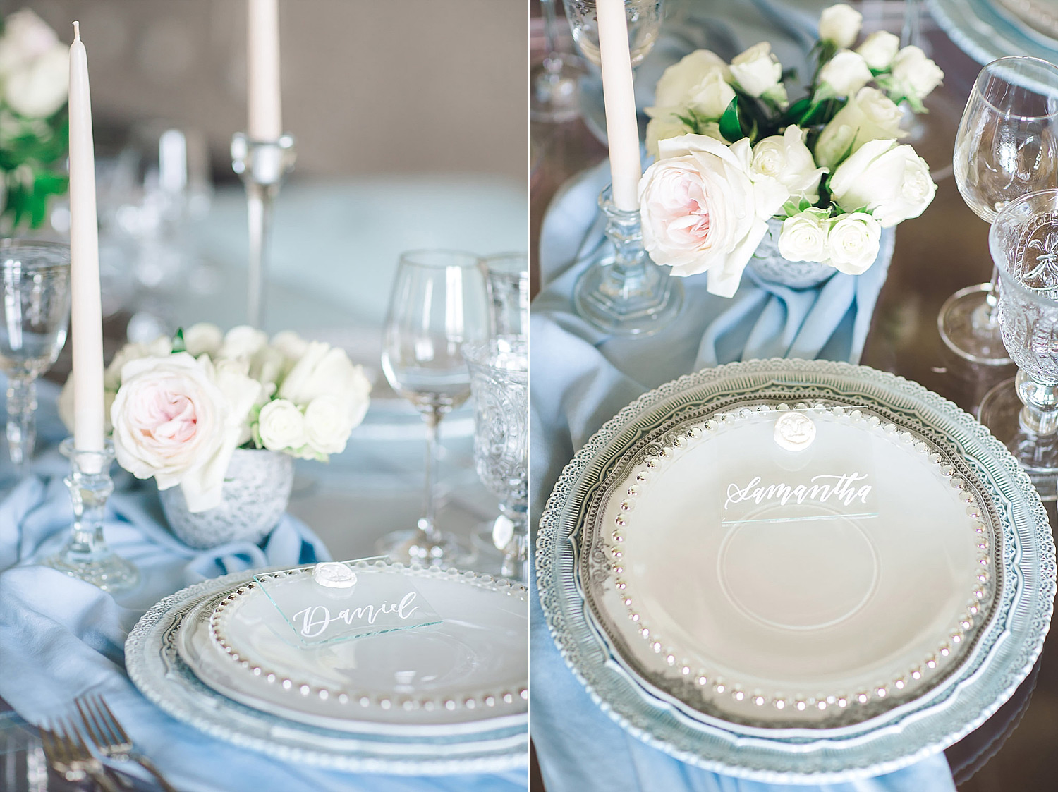 Dusty blue place setting at Brik Venue with dusty blue table runner