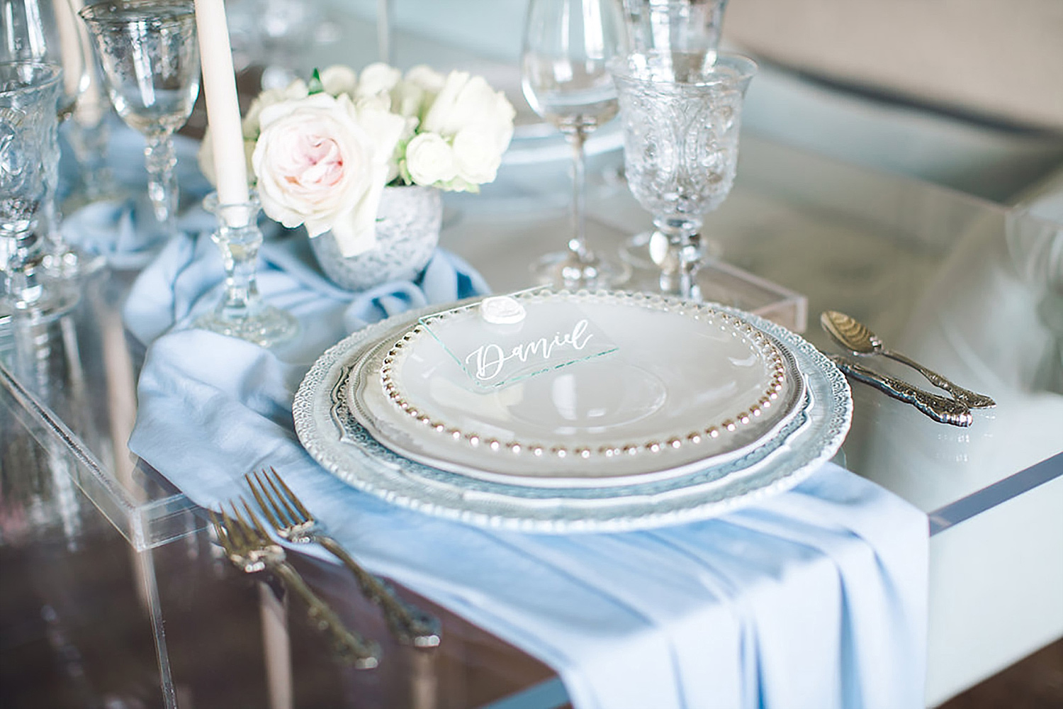 Dusty blue place setting at Brik Venue for Brides of North Texas Magazine