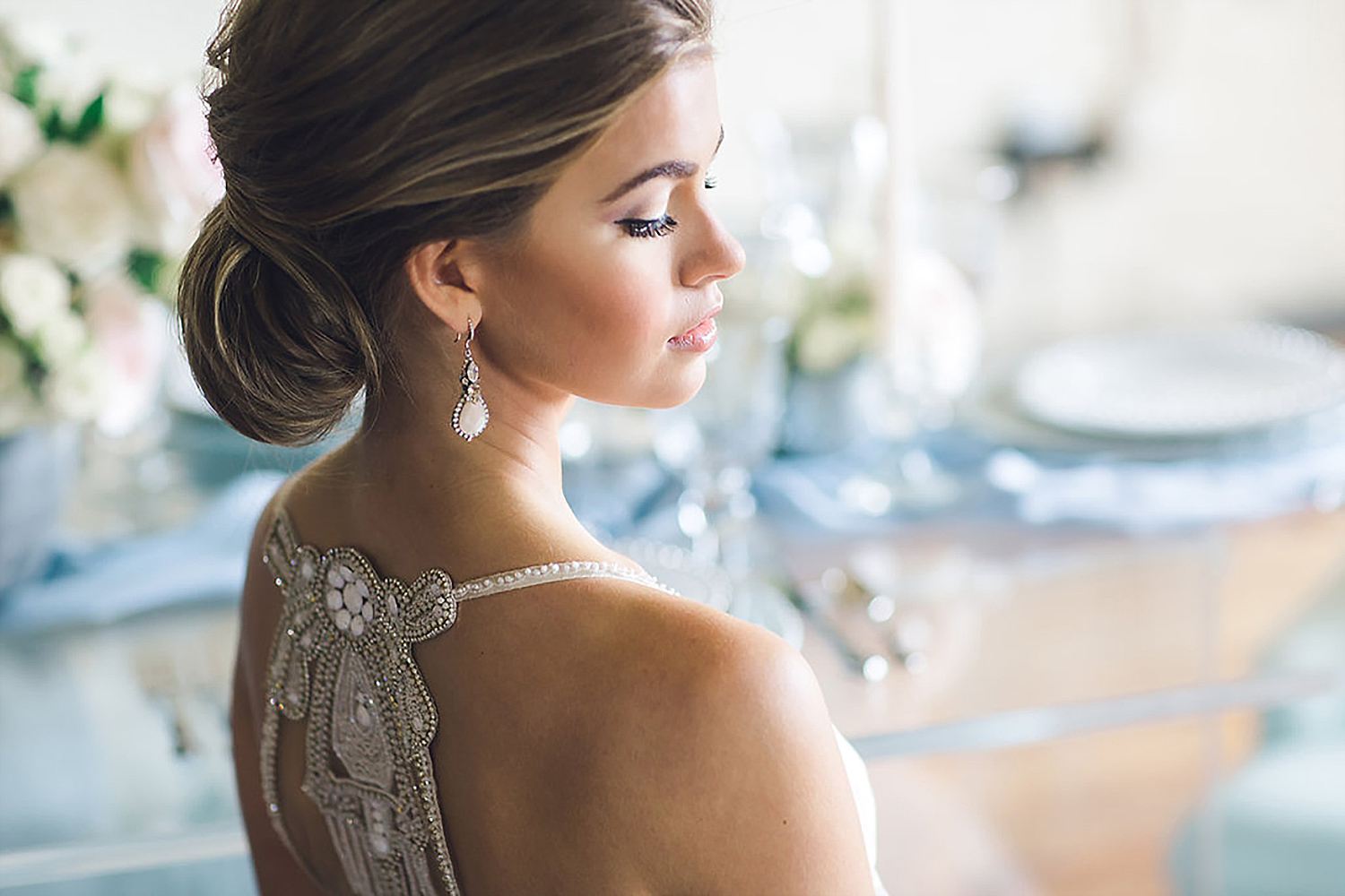 Bride wearing haute bride earings