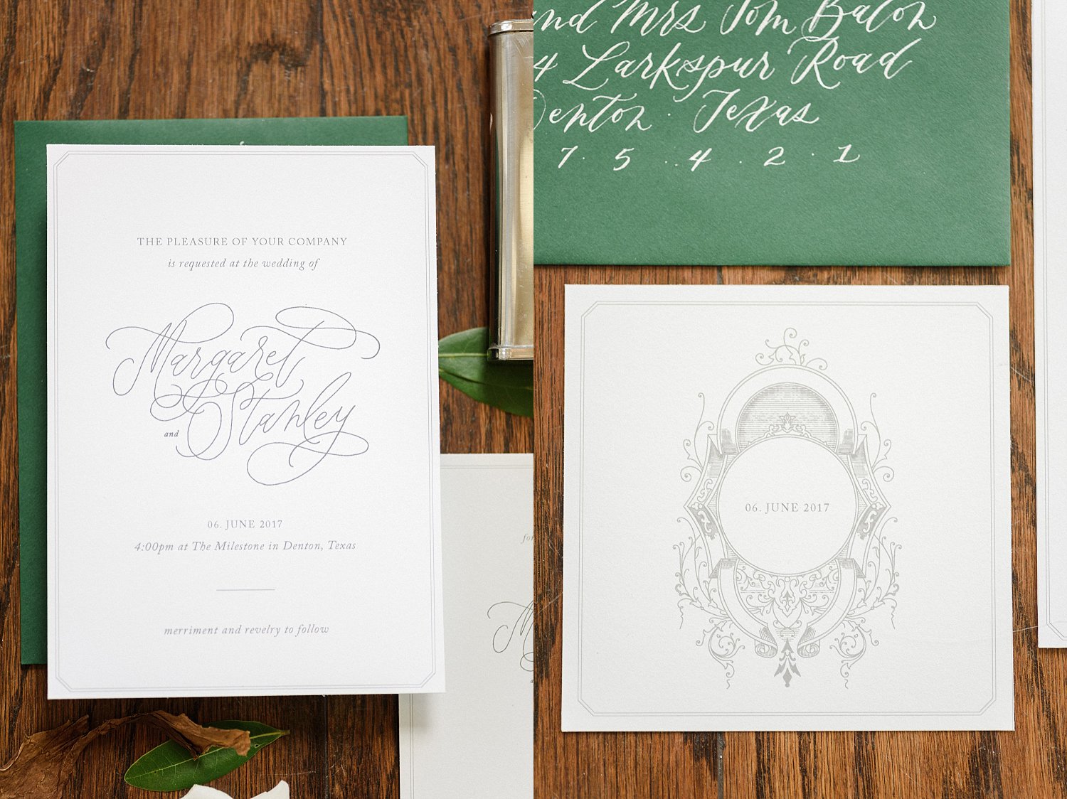 Wedding invitations with a green envelope and grey text on white paper