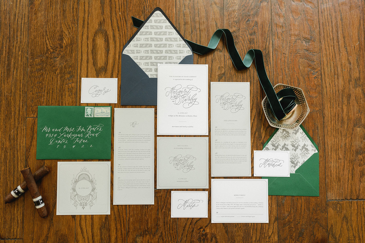 Green wedding invitation with cigars for a wedding at the Mileston in Denton TX