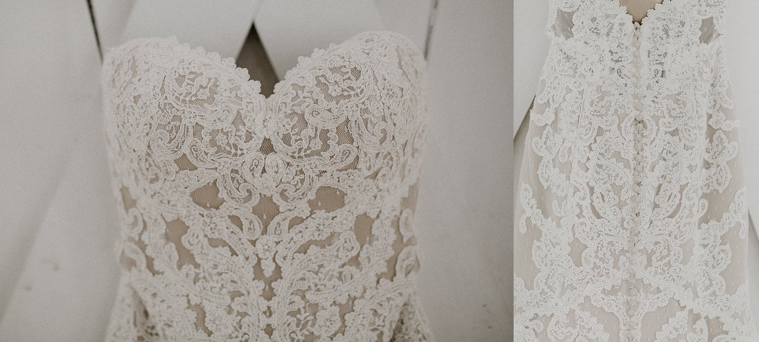 Wedding dress with white lace over nude linning