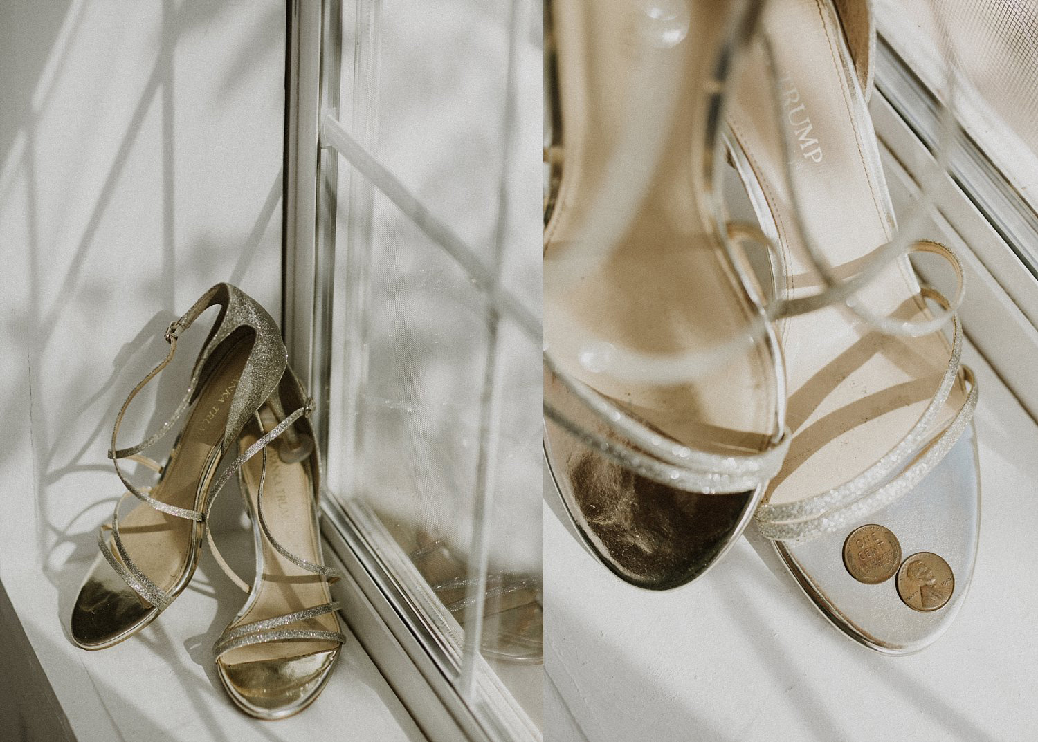 Nude wedding shoes with penny in shoe