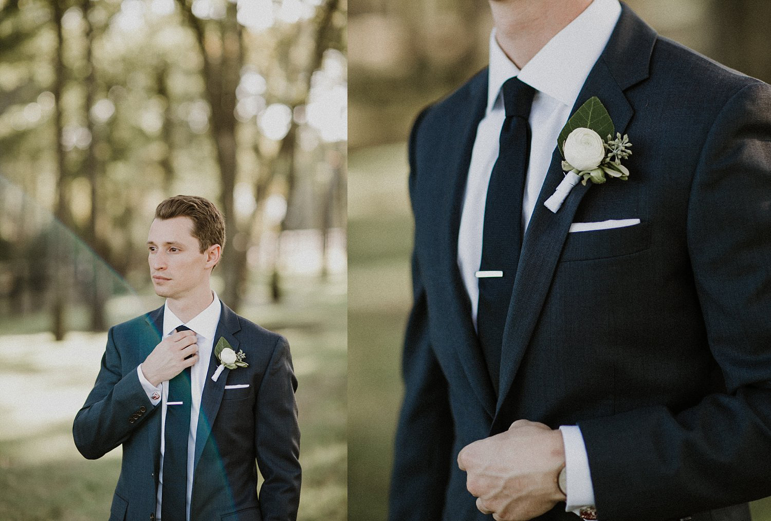 Groom wearing a white ranunculus and black tie with a tie clip at this outdoor wedding