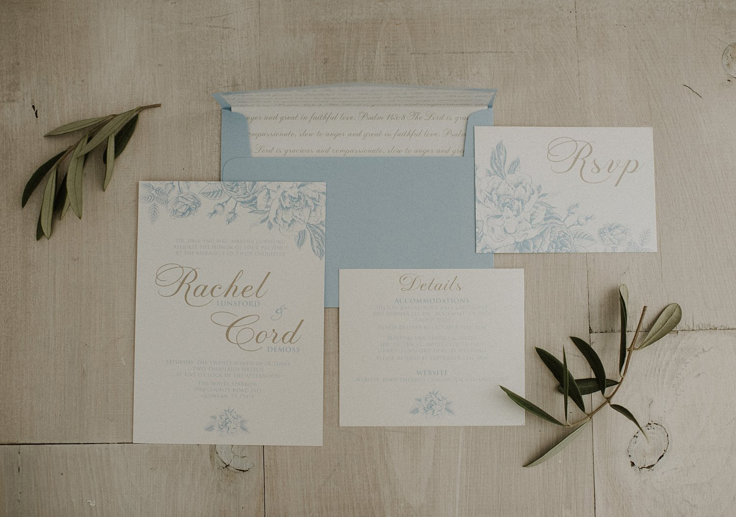 White Sparrow Barn dusty blue and ivory wedding invitations with a bible verse envelope liner and the french blue florals