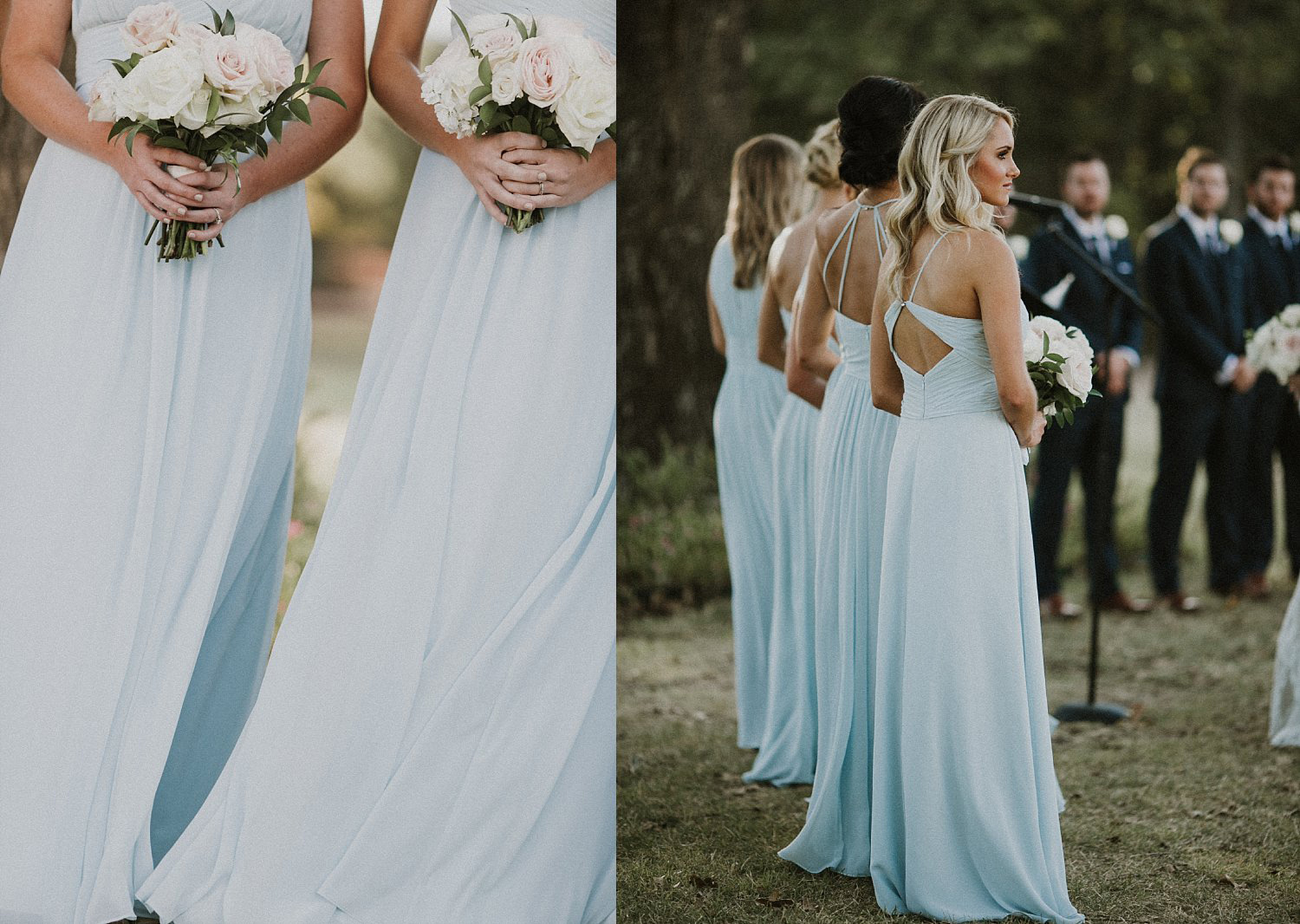 Light blue bridesmaid dresses holding blush flowers