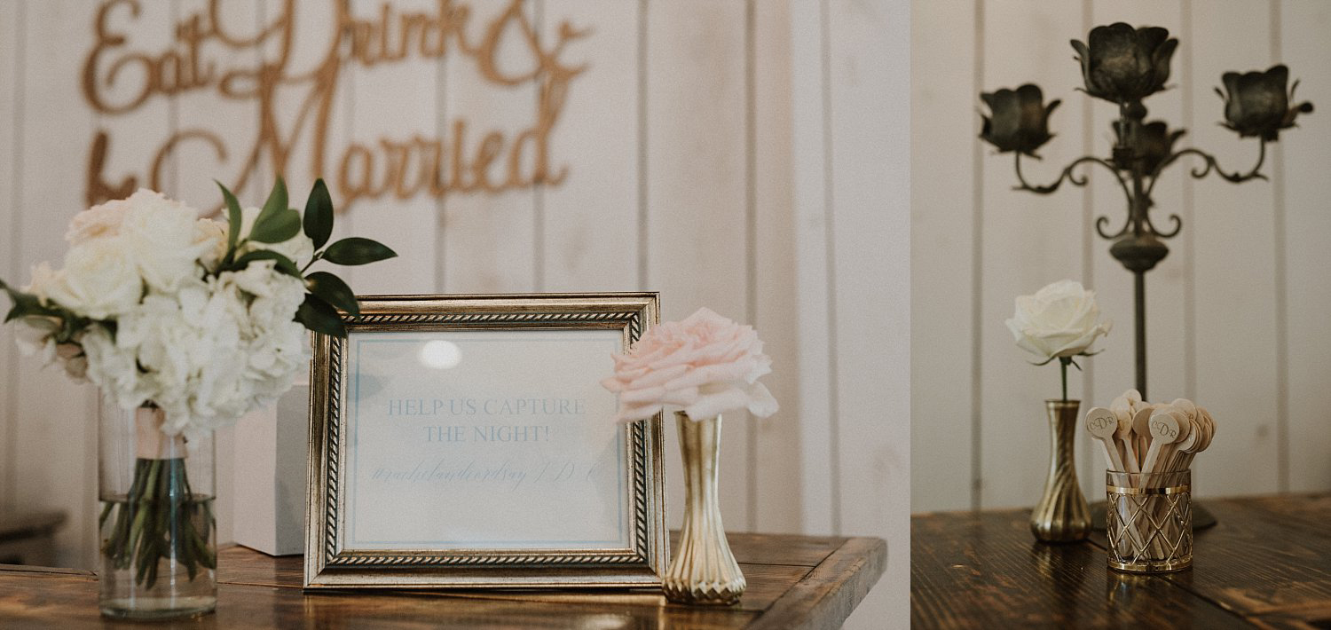 Barn signage with gold bud vases and blush flowers