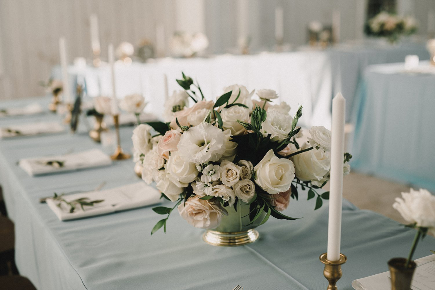 White Sparrow Barn wedding white and blush flowers in gold vase