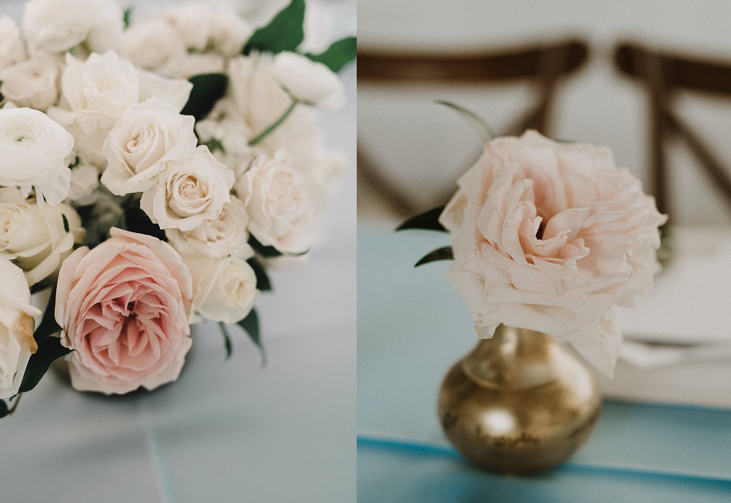 White and blue lush wedding flower arrangments in gold vase