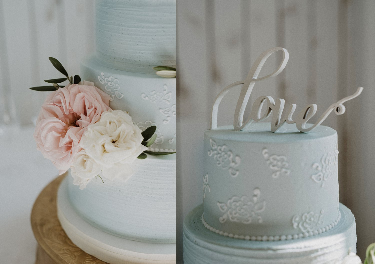 Blue and white real flowers on wedding cake