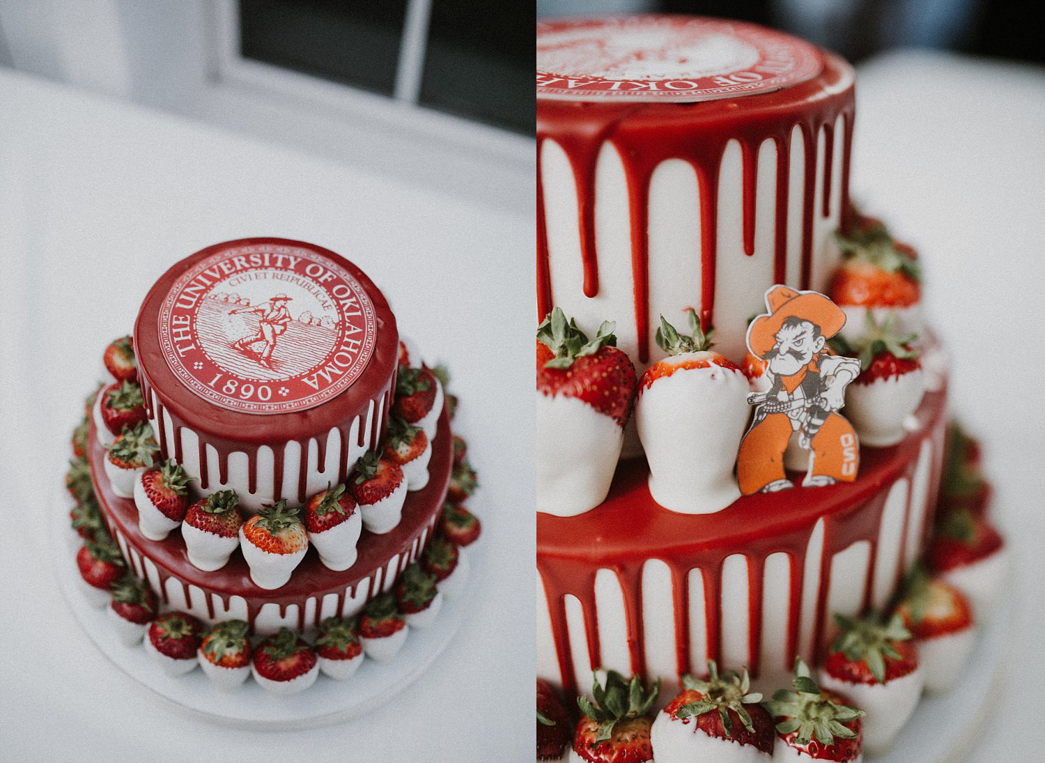 University of Oklahoma groom's cake with white chocolate and red drip with hidden cowboy