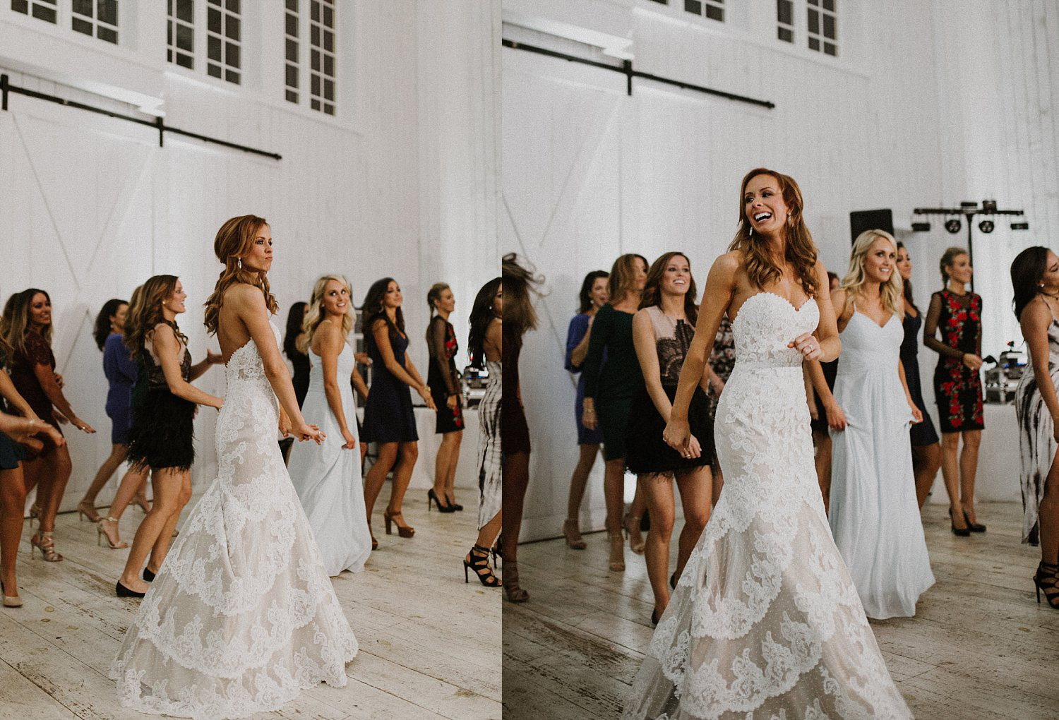Bride dancing with cheerleaders