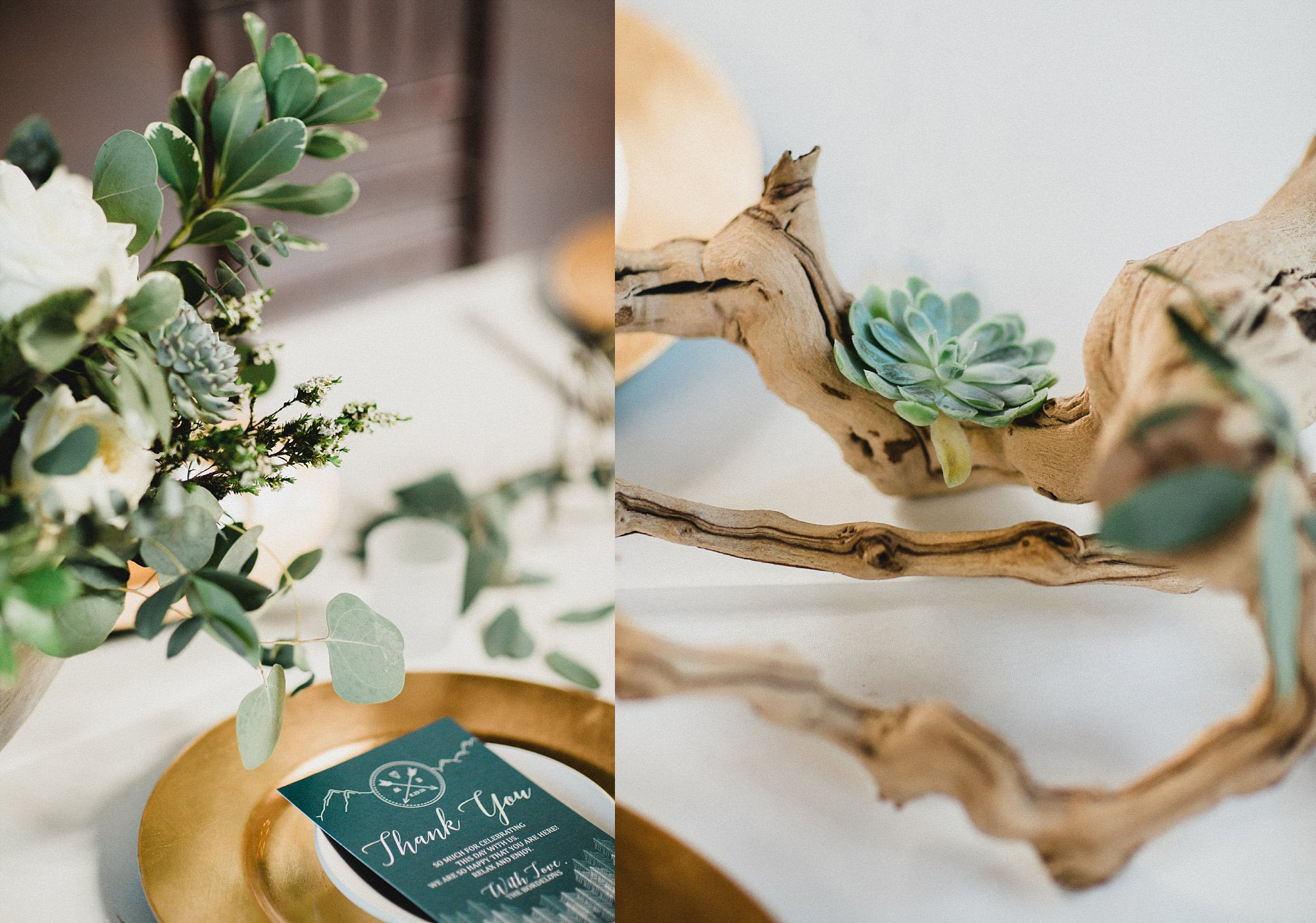 Driftwood and succulents on tables for organic wedding table decor