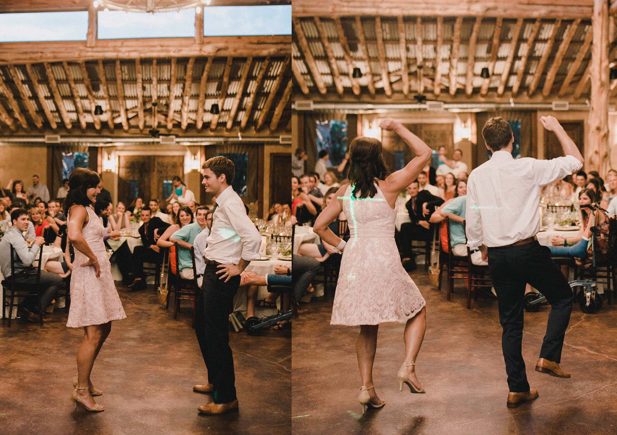 Groom and mom dancing at rustic wedding venue