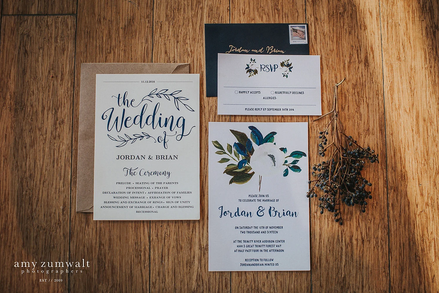 Navy wedding invitation with a kraft paper envelope