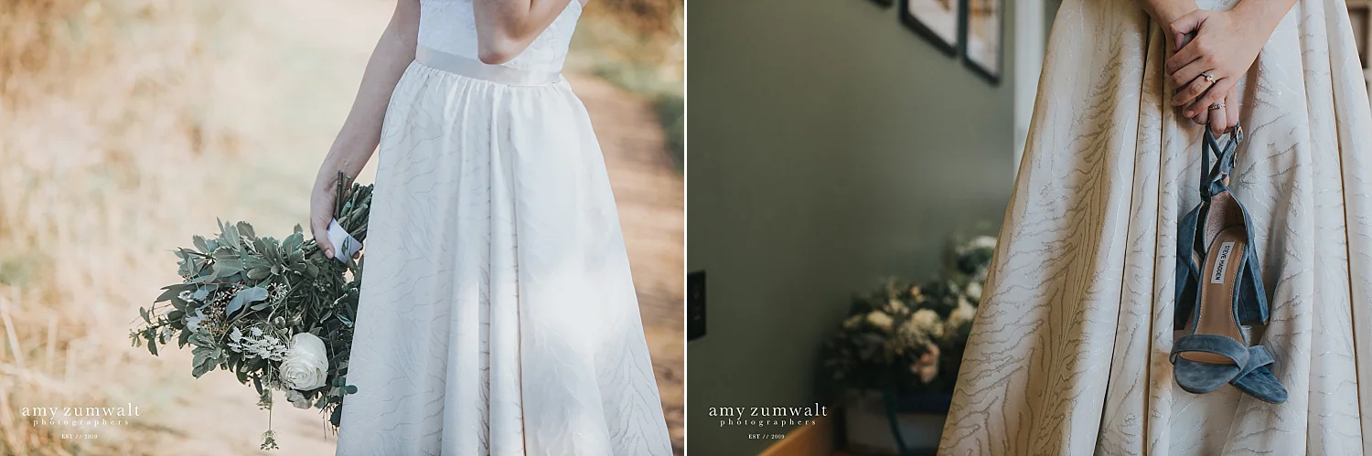 bride holding blue velvet shoes