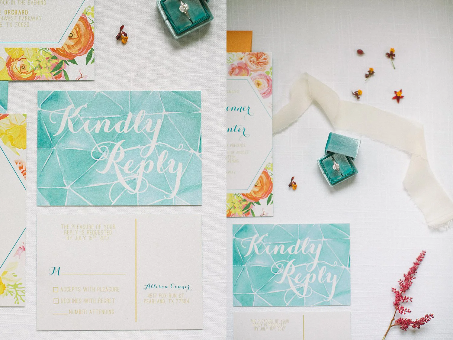 Geometric teal postcard RSVP