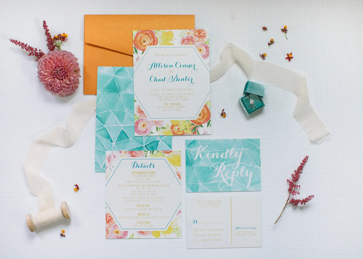 Colorful teal and orange wedding invitation with geometric shapes