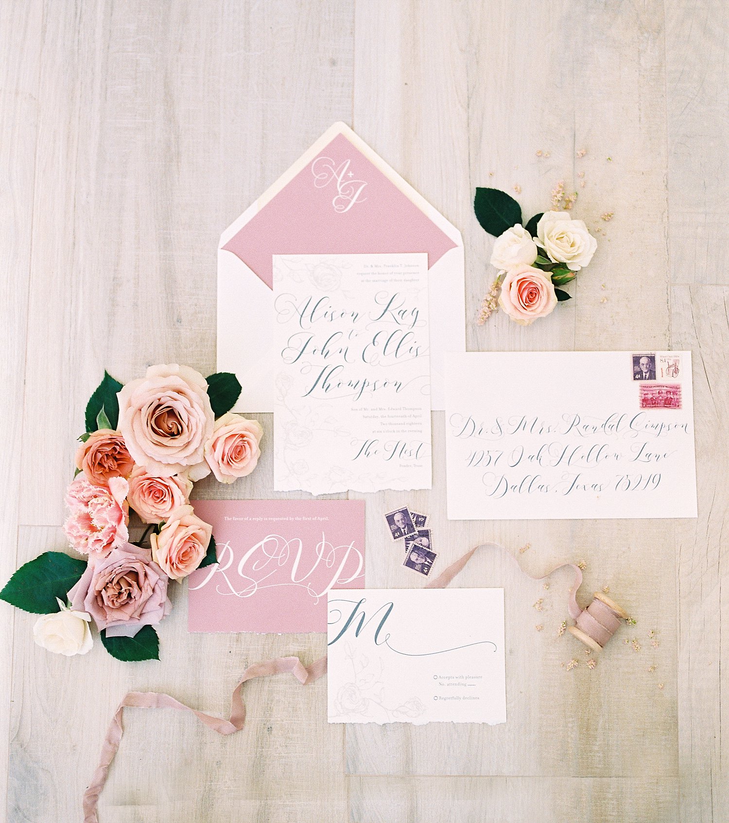 mauve and blush wedding invitation with roses