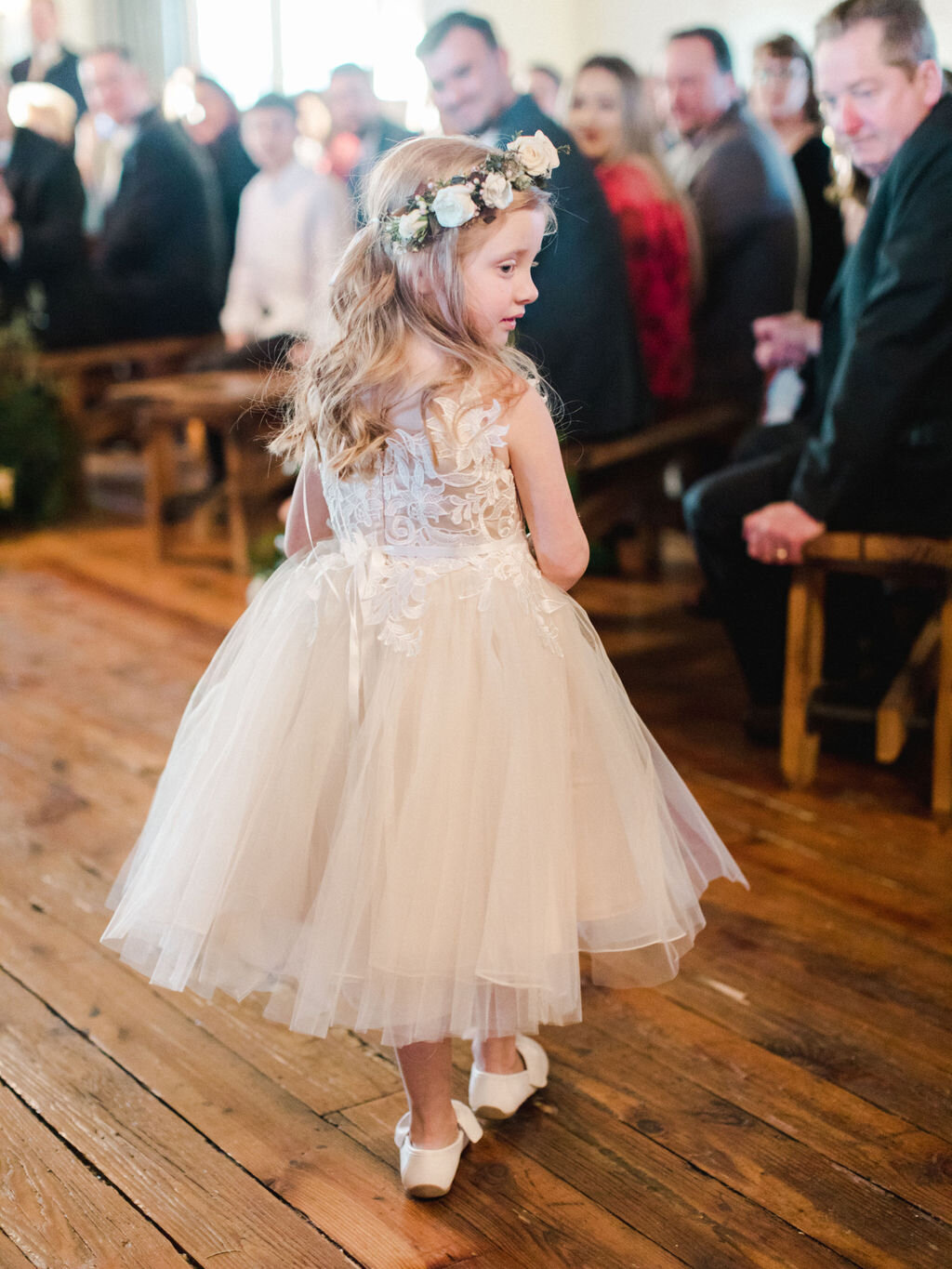 Flower girl with floral crown at Texas Wedding