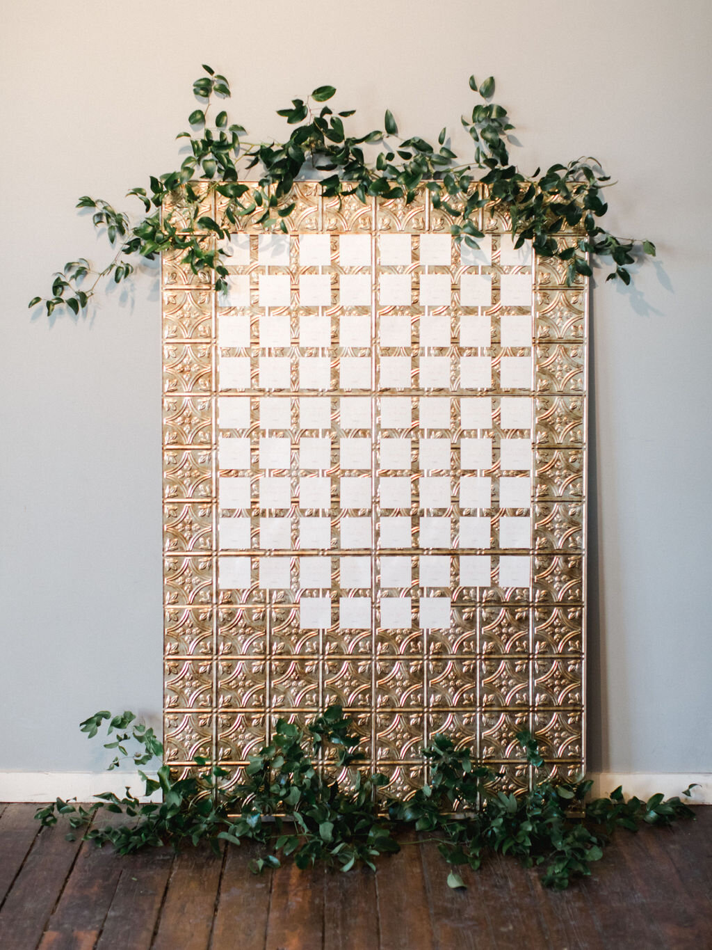 Copper Ceiling Tile Seating Chart with white escort cards