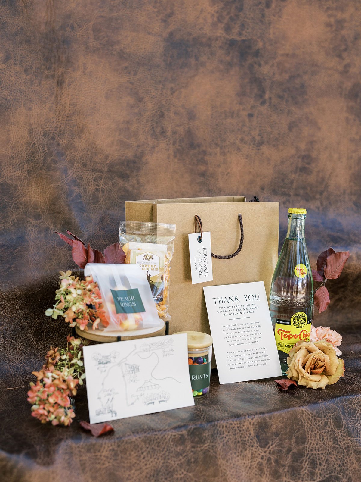Texas welcome bag with brown packaging for a Texas Wedding