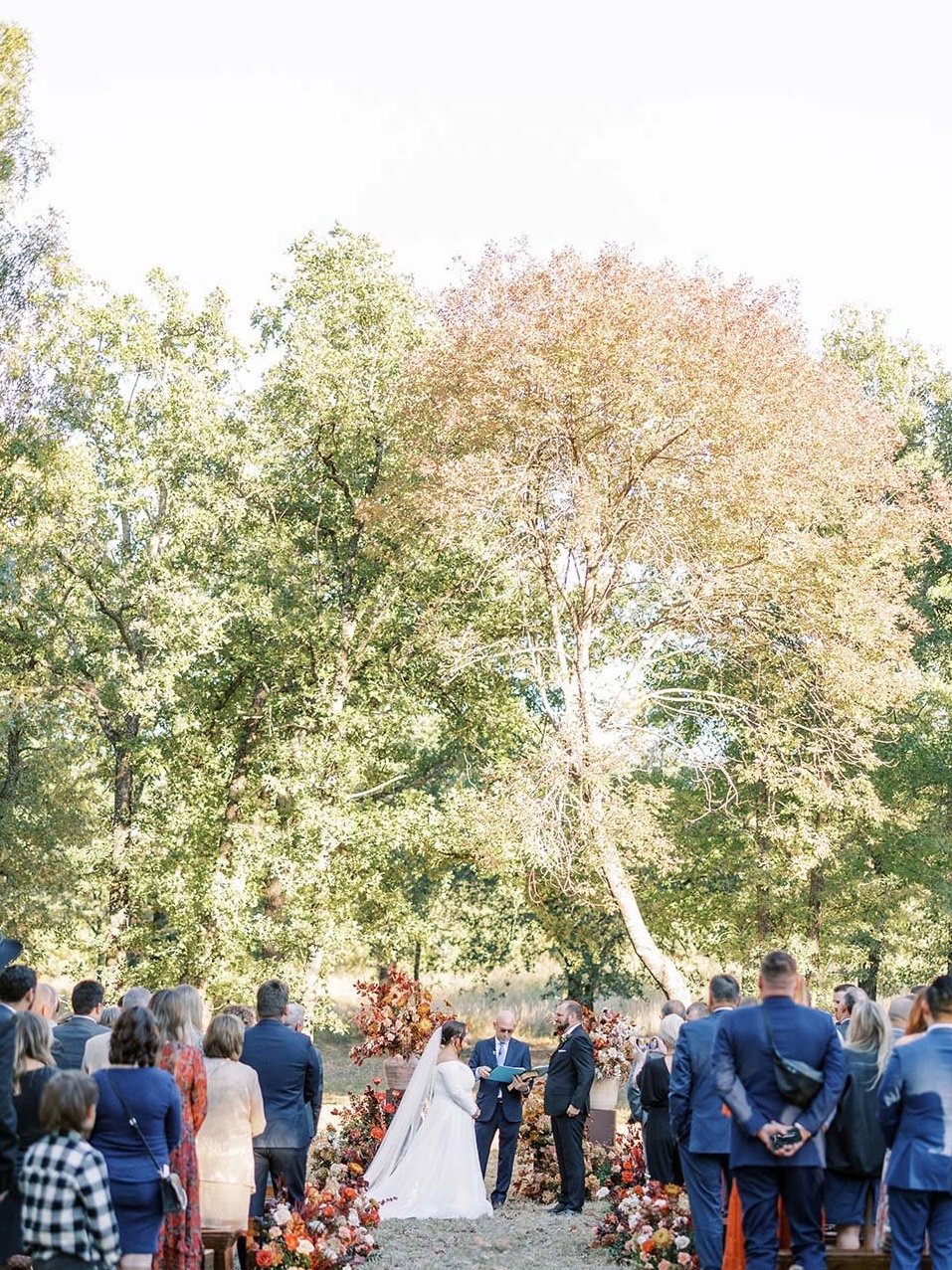 Texas wedding ceremony under tall trees and wood benches