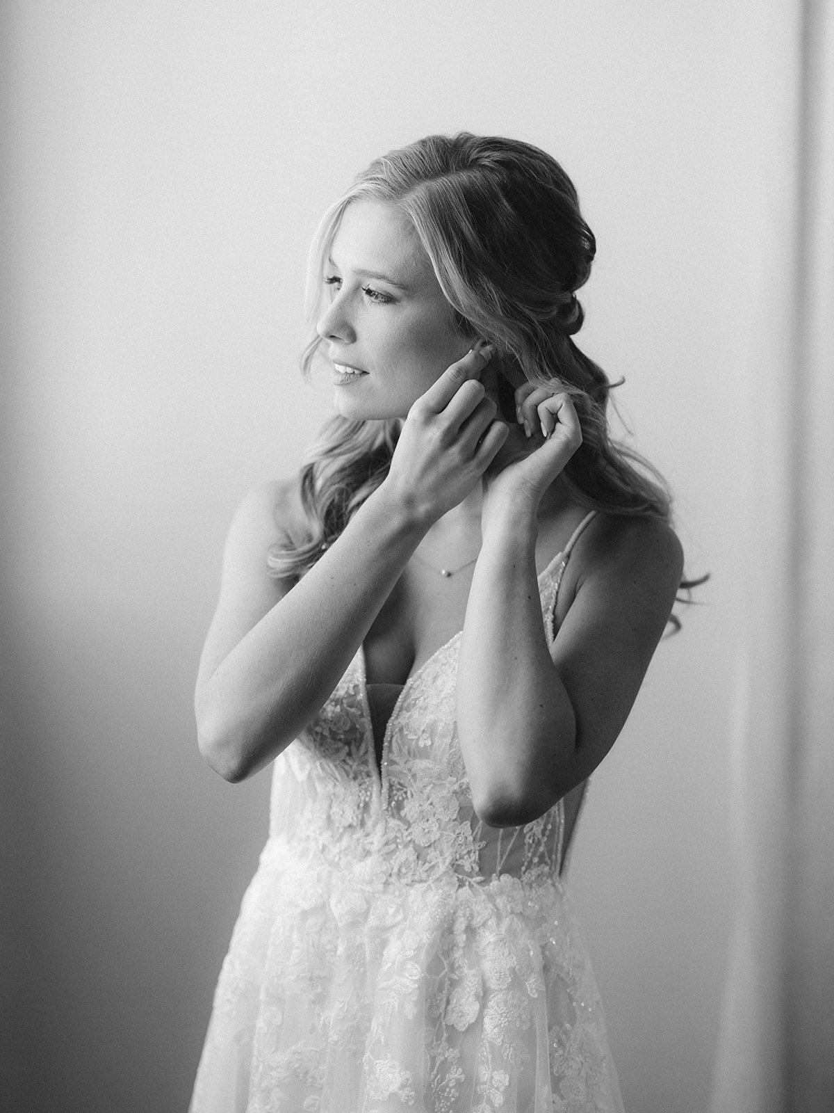 Montana Bride getting ready in black and white image