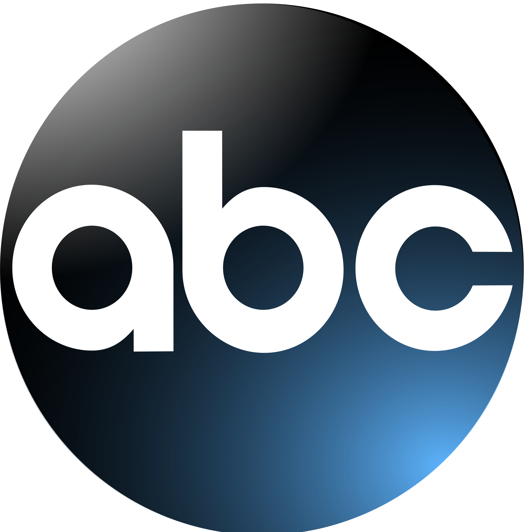 The logo of ABC, a television network, featuring white lowercase letters 'abc' on a dark gradient circular background.