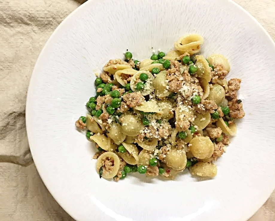 Brown Butter Orecchiette with Spicy Sausage and Peas