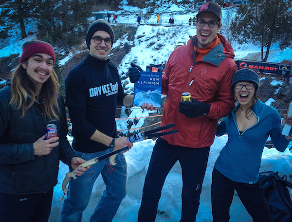 FI Co-Owner George Fisher with 2015 Ouray Ice Fest DRY ICE Tool Pull Up Contest Winners Tobias Smith, Kathy Karlo, and Galen Jones.