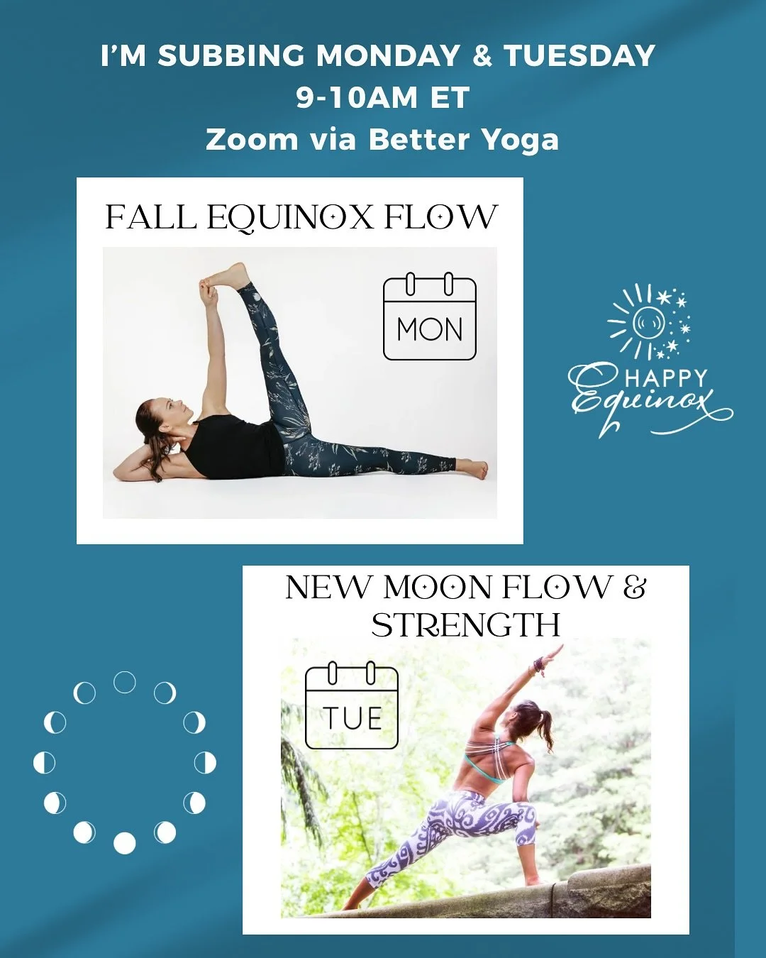 I&rsquo;m subbing yoga classes the next two mornings @better__yoga 🧘&zwj;♀️ 🧘&zwj;♀️

Join live or watch recording. 🖥️ 💻 
Mon &amp; Tues 9-10am ET via Zoom 

#yoga #ayurveda #betteryoga #fallequinoxyoga #fallequinox #newmoon #newmoonyoga