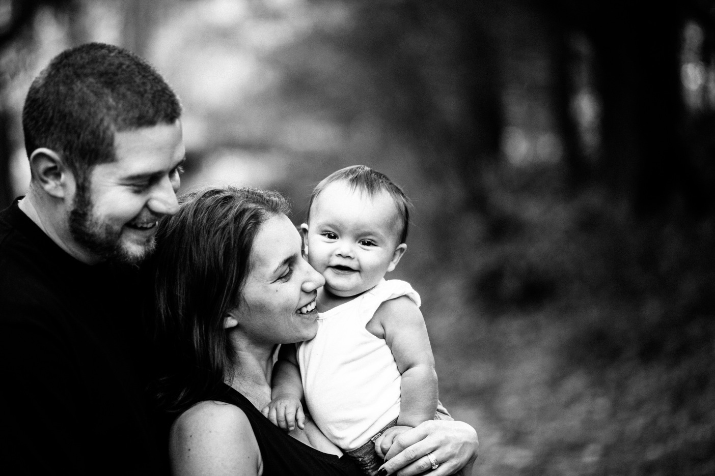 Black & White Relaxed Family Portrait Mother, Father & Daughter California