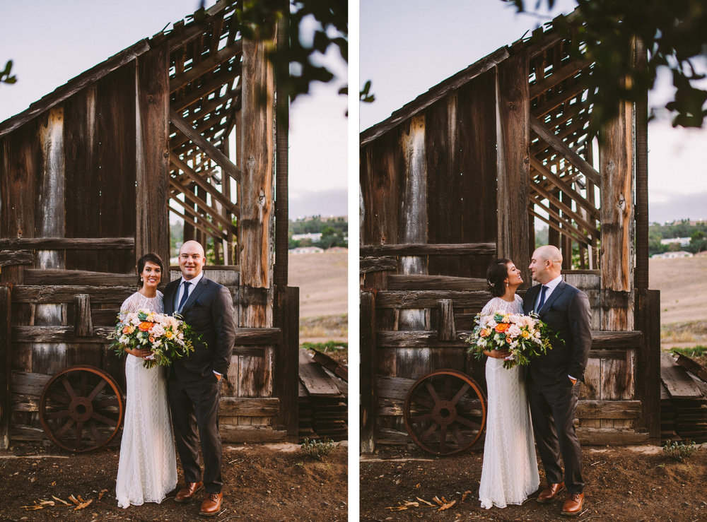 Bride &amp; Groom In Front of Barn at The Old Rancho in Carlsbad