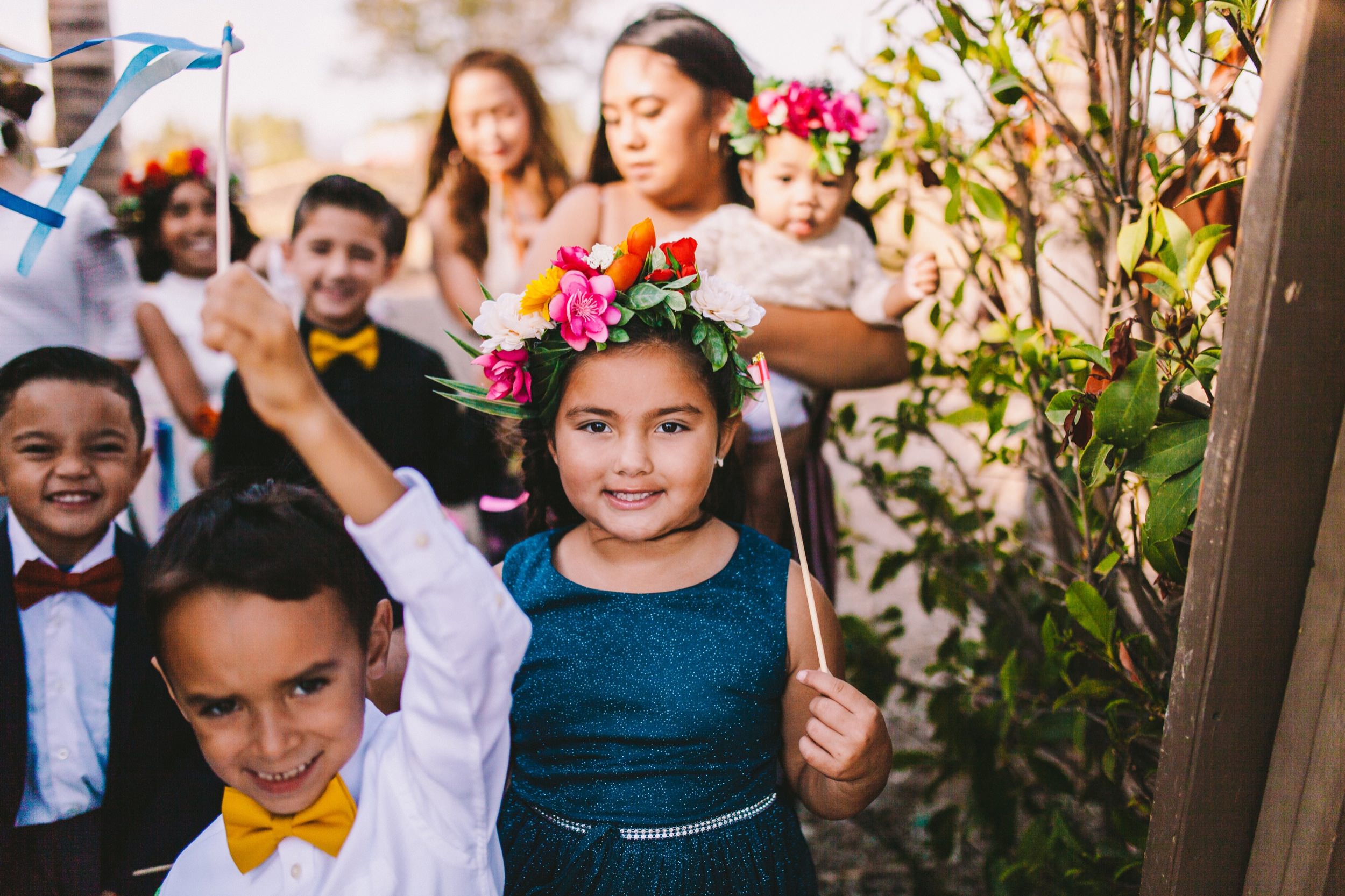 Yellow Bowties &amp; Vibrant Flower Crowns for Flowers Girls &amp; Ring Bearers