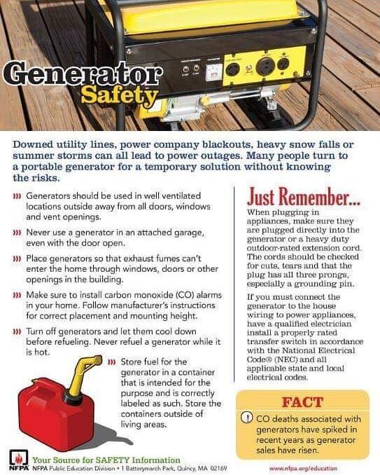 Portable Generator Safety Tips🔌

For #firesafetyfriday this week we would like to offer some generator safety tips. 

Portable generators can be very helpful during power outages. With this week&rsquo;s predicted severe weather it&rsquo;s possible t