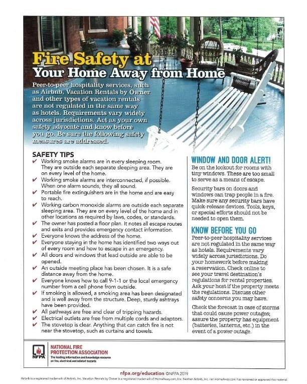 Fire Safety Friday!

Are you making summer vacation plans? 

Remember, fire safety doesn't take a vacation. 
If you like to travel and stay in vacation rentals such as Airbnb and Vacation Rentals by Owner (Vrbo), please read these safety tips before 