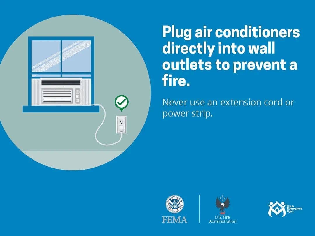 #FireSafetyFriday

Stay cool &amp; safe this #summer. Plug air conditioners directly into an electrical outlet, never use an extension cord or power strip. 

#FireSafety #FireSafetyTip #ElectricalSafetyTip 
 #ElectricalFireSafety #SafetyTip #SummerSa