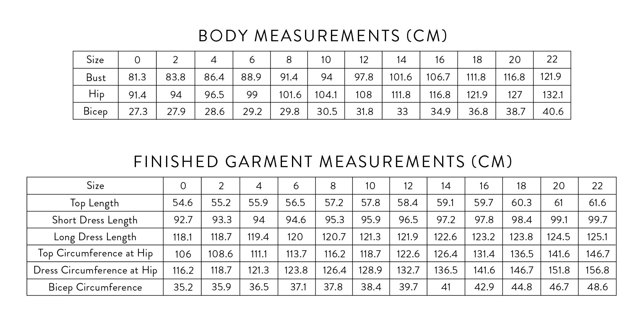 Aida KaaS clothing size guide in metric units