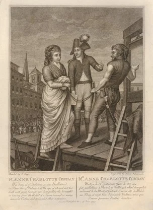 Charlotte Corday is led to her execution by guillotine.