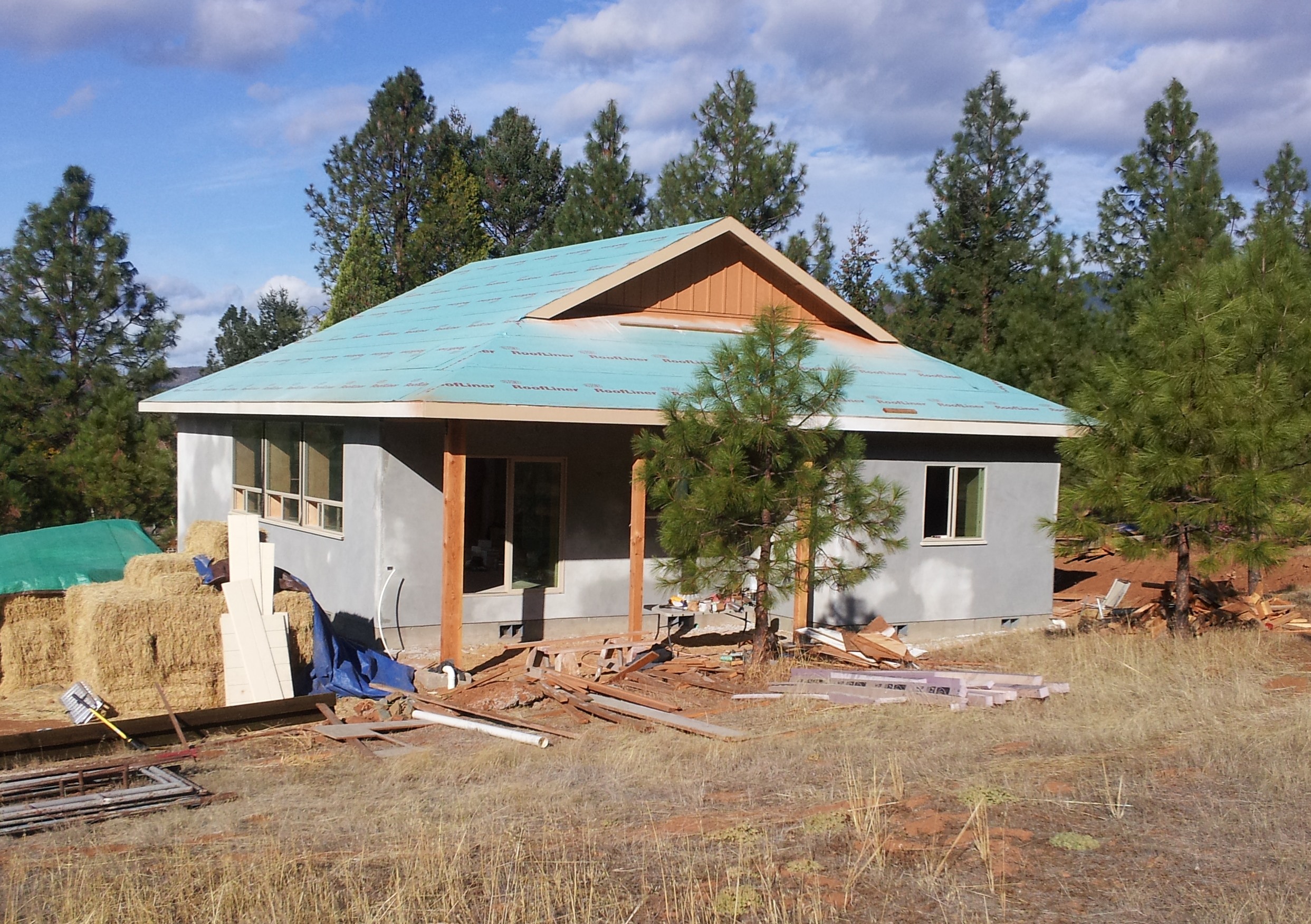  Lime plastered exterior of passive solar straw bale home. 