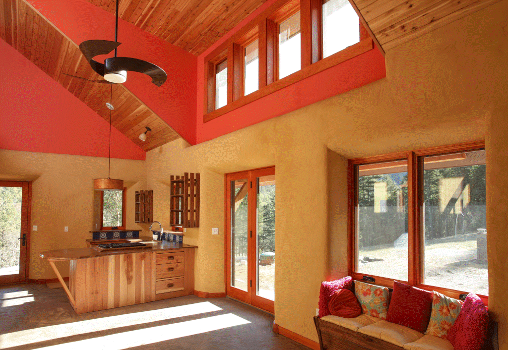  Earth floor and clay interior plastered walls supply distributed thermal mass, store heat from the sun. 