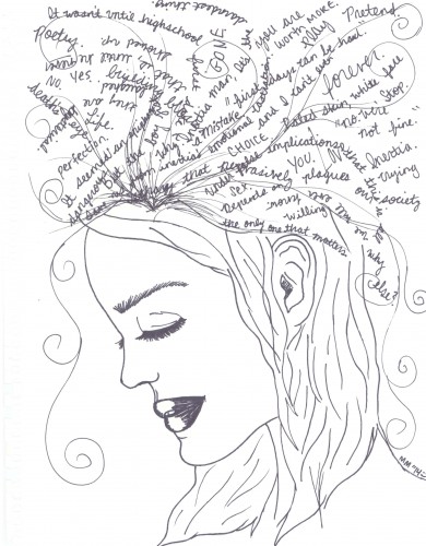 Artwork by Maddie Metzler. Words from poems presented or performed at the Poetry Slam appear in the hair of the figure above.