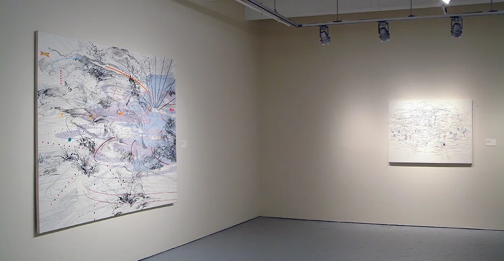 Left: Julie Mehretu, Immanence, 2003 Ink and acrylic on canvas. 72 x 96 inches. Courtesy of the artist. Right: Julie Mehretu, System, 2003, Ink and acrylic on canvas. 36 x 48 inches. Courtesy of the artist