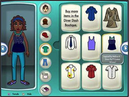 I designed a "My Waiter" feature and interface that allowed players to customize the look of their waiter avatar, and even purchase clothing items from the Diner Dash store. Again, this was unheard of in casual games at the time.